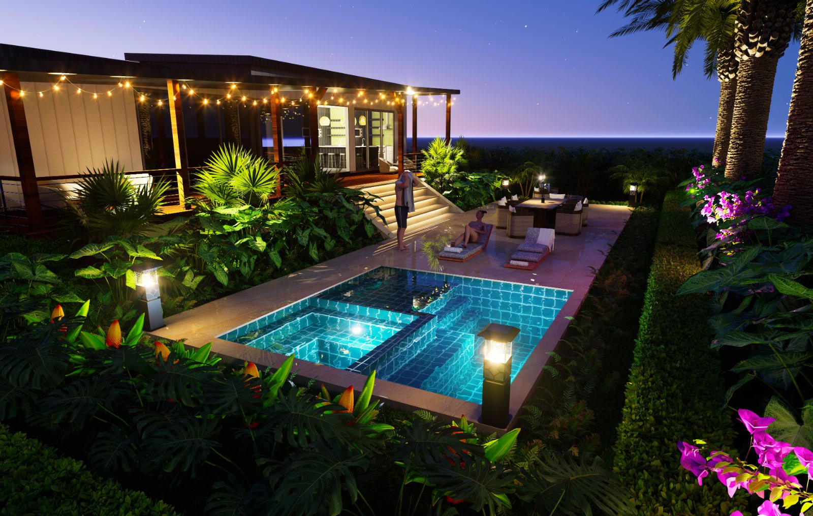 Backyard Retreat at dusk — pool, string lights, and tropical planting